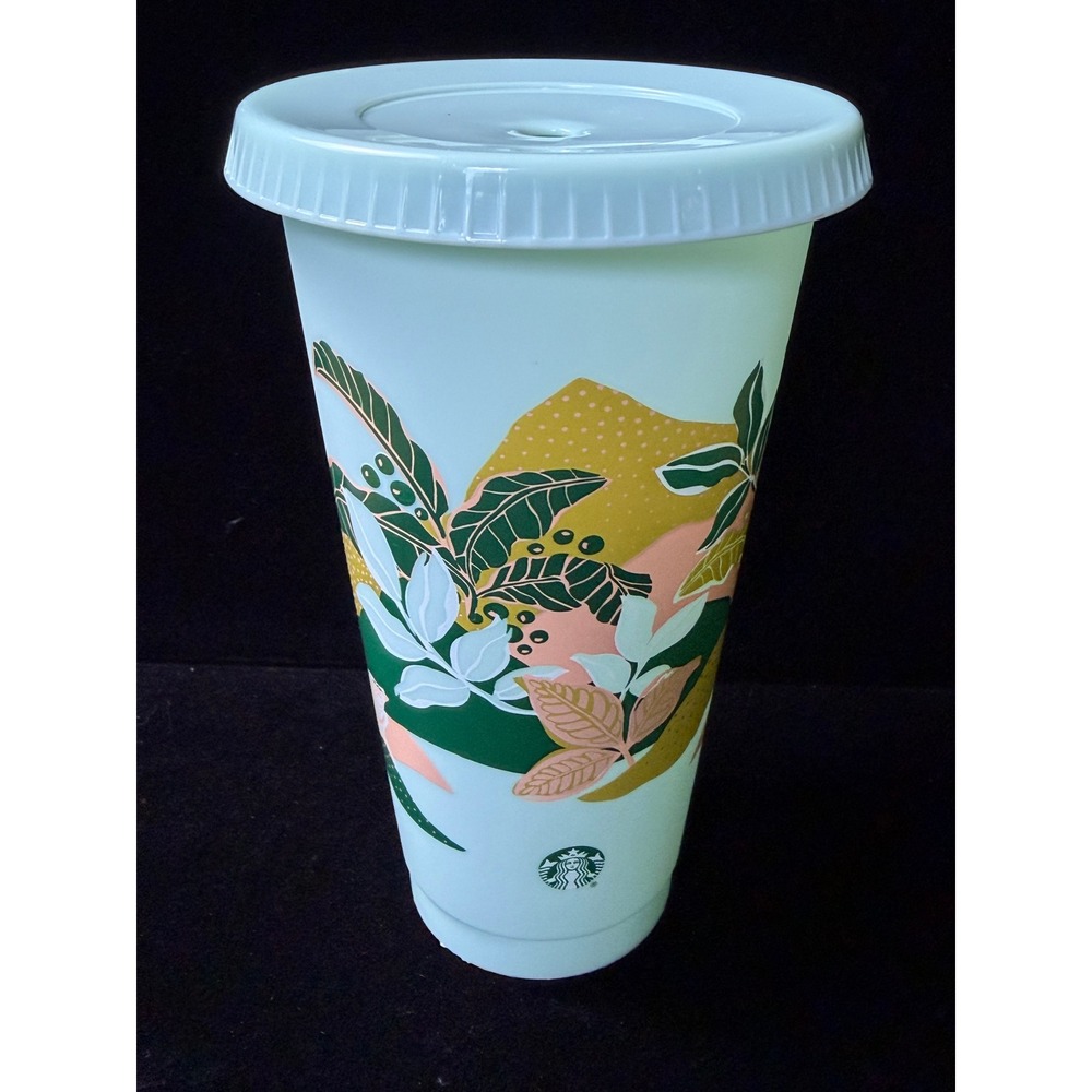 Starbucks Reusable Cold Cup Mint Green Botanical Leaf Print 24oz Tumbler w/Lid